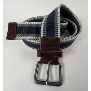 Fat Face Belt Leather Trim Fabric Webbing Classic Brushed Silver Striped Size 40